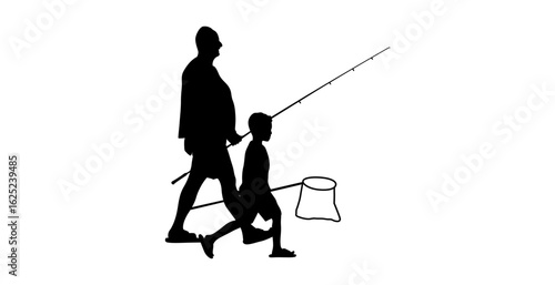 Silhouette of a grandfather and grandson fishing, likely outdoors by a body of water.