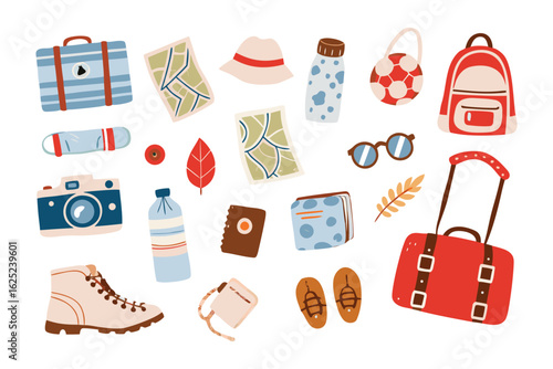 Journey Essentials: An assortment of travel essentials arranged casually, showcasing a collection of items ready for an exciting journey, capturing the spirit of wanderlust and exploration.