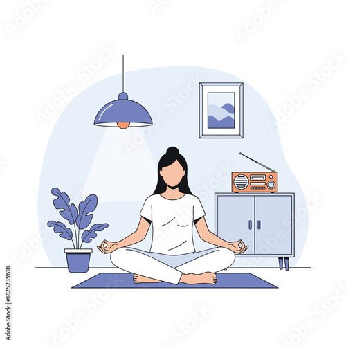 Woman practicing yoga meditation in a cozy room with a vintage radio and plant