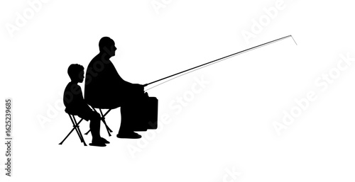 A silhouette of a grandfather and grandson sitting on folding chairs, fishing.
