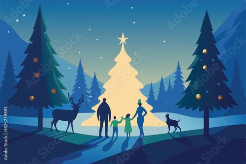 snowy forest clearing with a family of deer grazi.eps