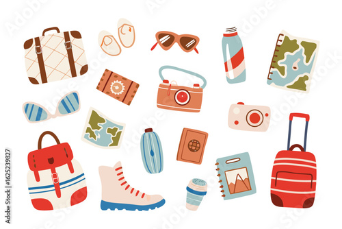 Travel Essentials: A vibrant array of travel essentials arranged creatively. The image showcases the must-have items for an exciting journey, hinting at exploration and unforgettable experiences.