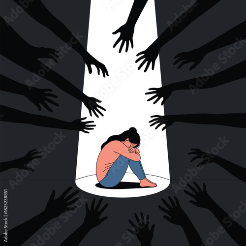 Overwhelmed by darkness a young woman feels trapped surrounded by grasping hands