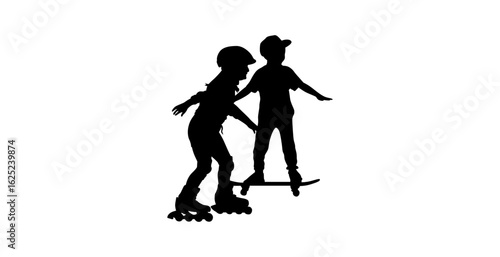 A dynamic silhouette of two children, one rollerblading, the other skateboarding, evoking a moment of shared activity and learning.