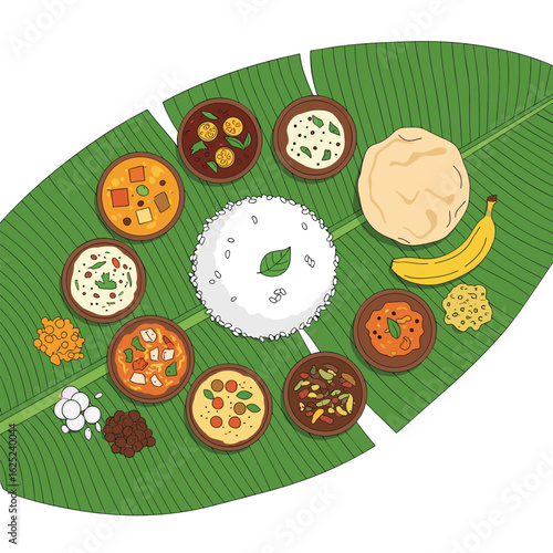 A traditional south indian feast served on a banana leaf with delicious dishes