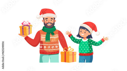 A father and daughter wearing santa hats exchanging christmas gifts and wearing festive sweaters