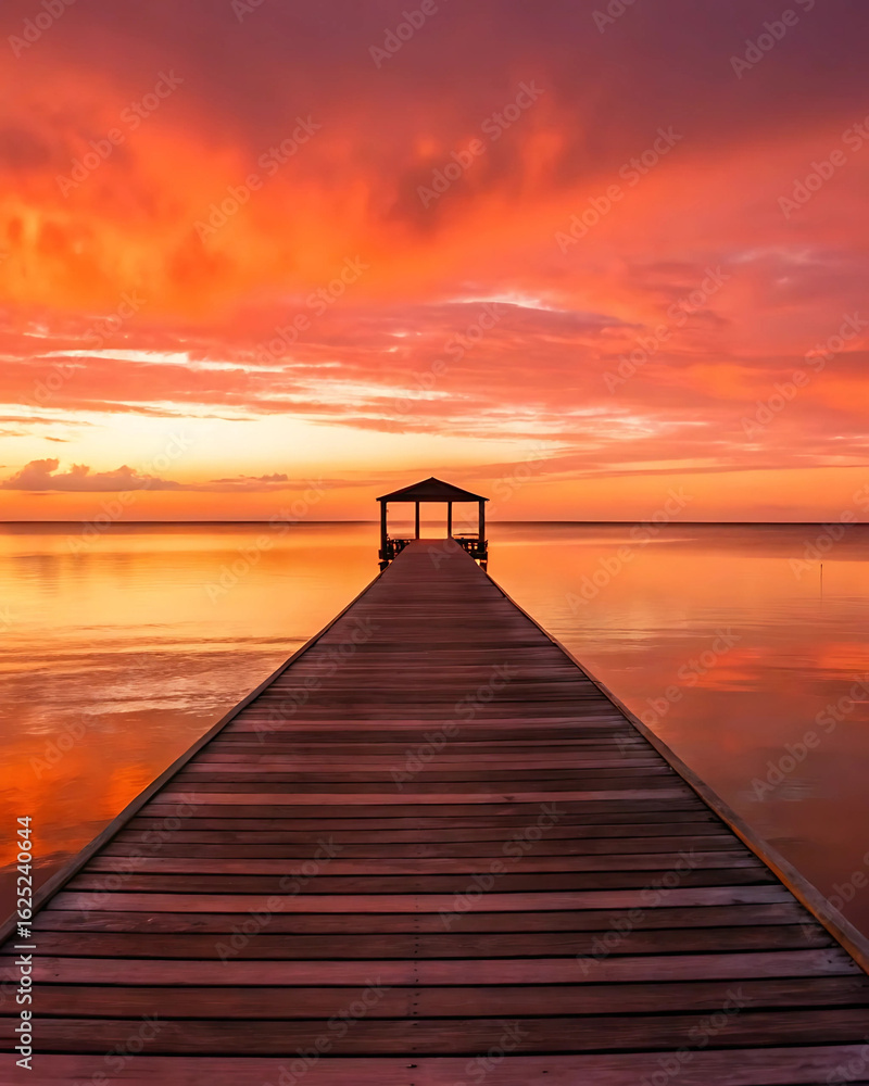 Fototapeta premium Wooden pier with gazebo at sunrise or sunset, calm water reflection, vibrant sky colors, tranquil nature scene