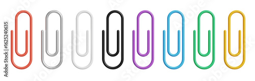 Colorful paperclip set 3d illustration icon isolated on transparent background. Red, metallic, white, black, purple, blue, green and orange paper clip. png