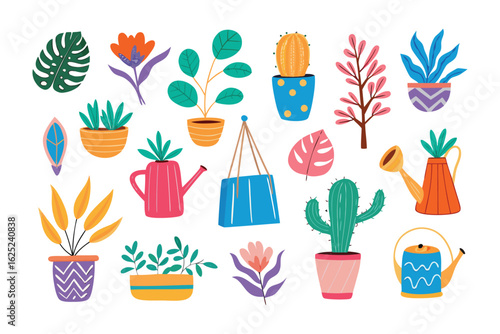 Botanical Collection: An artistic assemblage of various potted plants, capturing the beauty and diversity of nature's greenery with illustrated details for decorative purposes.
