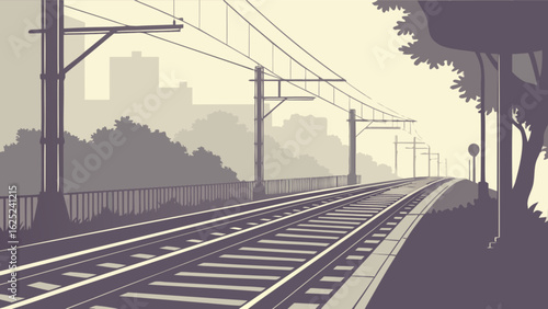 Illustration of a railway track disappearing into the distance with overhead power lines and city backdrop