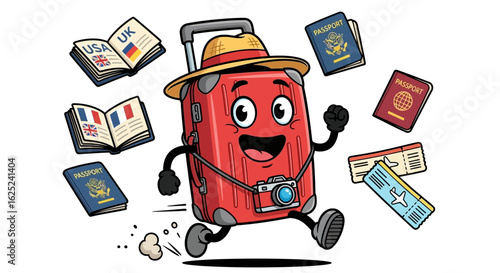 Playful Cartoon Vector SVG Illustration of Luggage Character with Travel Accessories in Modern Flat Style for Digital Media