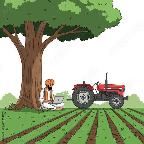 Modern farmer utilizes technology while working under a large tree in a field
