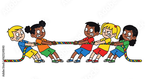 Vector SVG Illustration of Children Playing Tug of War in Flat Design Style with Bright Colors