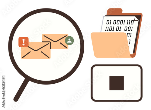 Magnifying glass over emails, alert notification, binary code in folder, and QR code highlight cyber protection, secure communication, email filtering, data privacy, and system analysis. Ideal