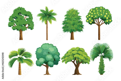 Diverse Green Tree Collection: Showcasing a vibrant array of trees, from the towering palm to the full-bodied oak, this illustration highlights the beauty and diversity of nature's arboreal forms.