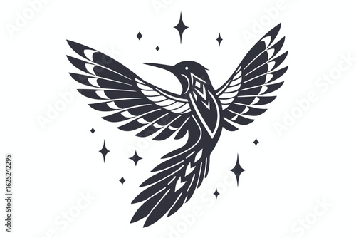 Detailed black hummingbird soars with open wings amidst shimmering diamond star shapes in the sky