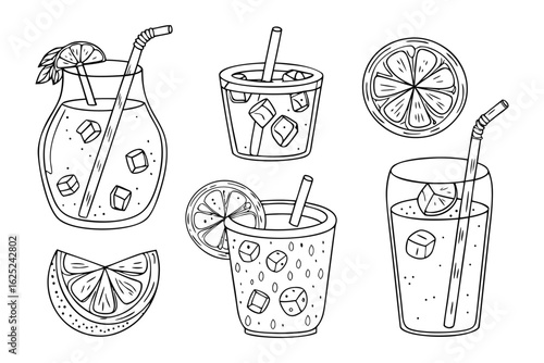 Refreshing Citrus Concoctions: Delightful illustration of various summery drinks, showcasing a vibrant arrangement of citrus fruit beverages.