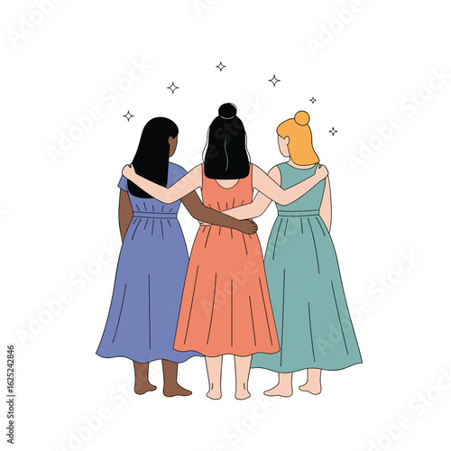 Three women with arms around each other celebrating unity and sisterhood