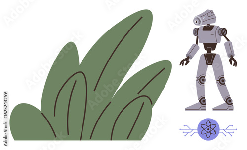 Human-thumbs up robot standing near green plants, with an atomic structure motif emphasizing scientific innovation. Ideal for technology, AI, nature, sustainability, innovation, robotics, future