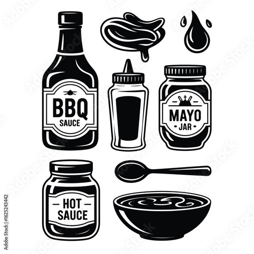 Black and white vector illustration of BBQ sauces and condiments including bottles, jars, spoon, and dipping bowl for grilling and snacks