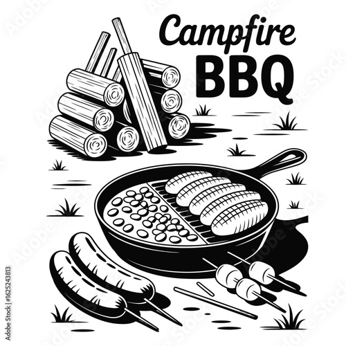 Black and white vector illustration of classic campfire BBQ food pack with firewood, skillet, sausages, marshmallows, and foil meals