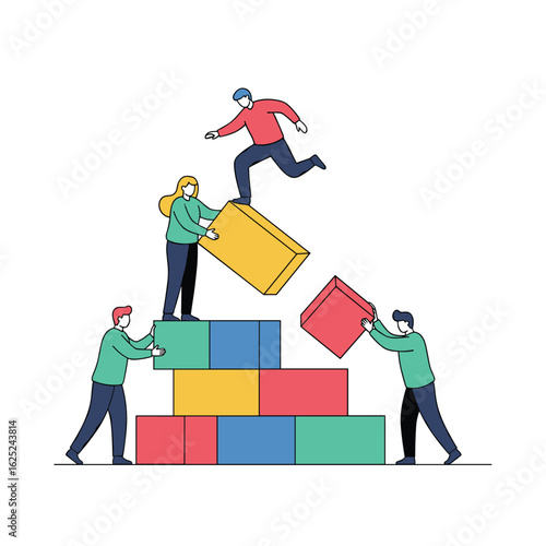 Teamwork building success with interlocking blocks creating upward momentum