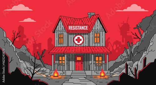 United Stand Illustration Of A House Amidst Destruction