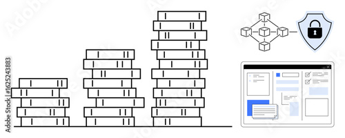 Stacked coins denoting financial growth, blockchain network structure, shield for security, and a web interface. Ideal for finance, data security, blockchain, technology, efficiency online