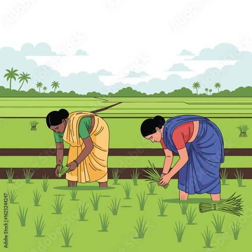 Rural farmers cultivating lush green fields under verdant cloudy skies