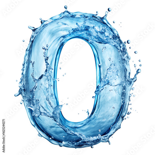 Number Zero Formed From Dynamic Blue Water Splash With Droplets isolated on a transparent background