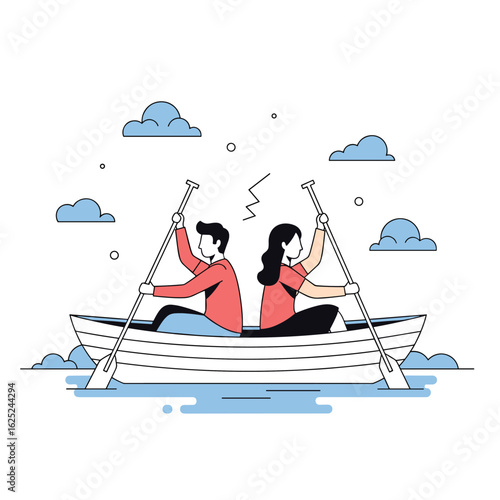 Two people rowing opposite directions in a boat facing each other with tension