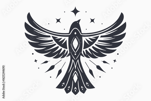 An elaborate silhouette of a soaring bird is surrounded by stars and rays