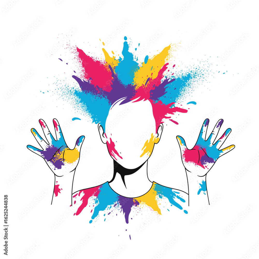 Fototapeta premium Vibrant explosion of colors on human silhouette and hands