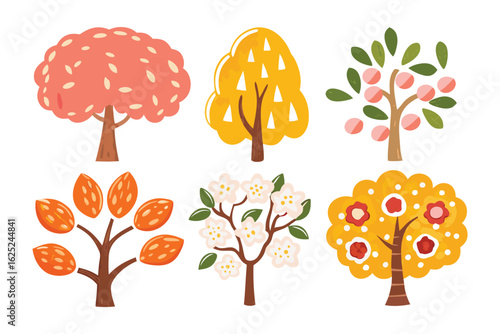 Colorful tree collection: A vibrant set of digitally painted tree illustrations, each a unique style, is a collection of arboreal illustrations in various forms.