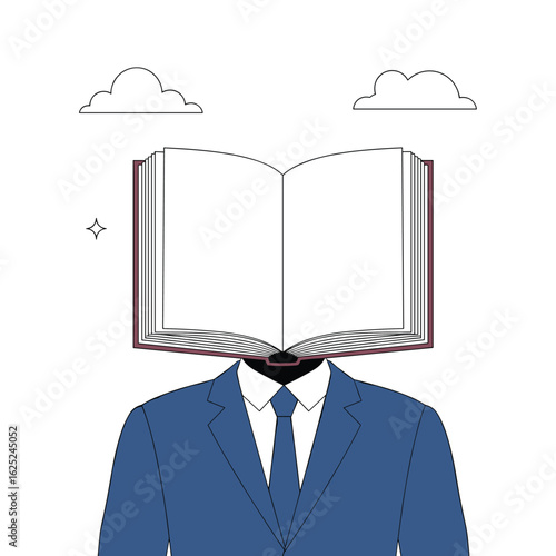 An open book sits atop the shoulders of a person in a suit symbolizing knowledge and learning