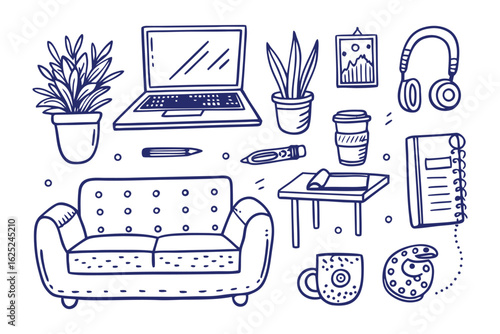 Creative Workspace Doodle: A charming and artistic illustration depicts a cozy workspace, featuring a laptop, potted plants, a comfortable sofa.