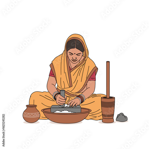 Traditional indian woman preparing dairy products with utensils for home use