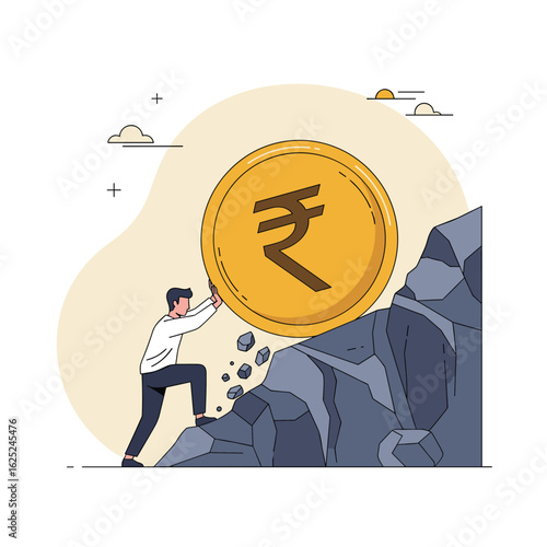 Financial struggle pushing indian rupee coin uphill difficult economic challenge