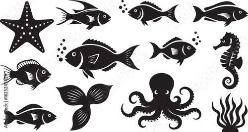 Collection of black marine life silhouettes including fish, starfish, seahorse, octopus, and seaweed on a white background