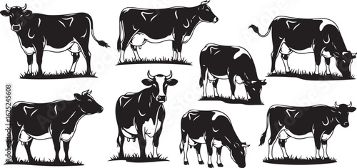 Collection of Eight Black Silhouette Cows Grazing and Standing cattle black and white