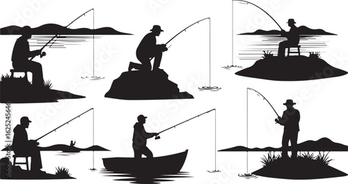 Collection of Fishing Silhouettes Showing Various Poses and Locations fisherman angling