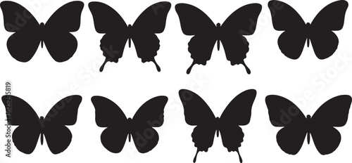 Eight black butterfly silhouettes with detailed wing patterns on a white background black and white