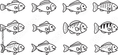 Hand Drawn Black and White Illustrations of Twelve Different Fish Faces drawing