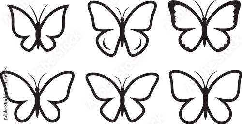 Set of six simple outline butterflies in black and white butterfly insect