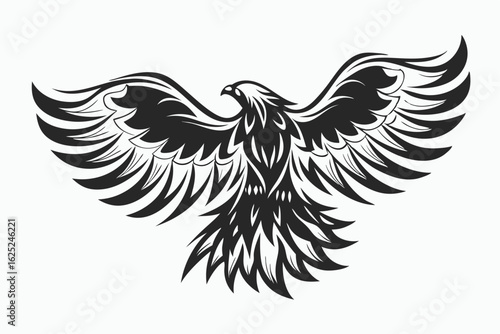 Abstract black and white hawk soars with powerful wings spread widely overhead now