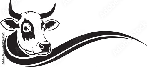 Stylized Black and White Silhouette of a Cow Head with Flowing Lines dairy