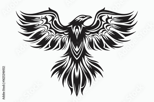 Abstract black tribal phoenix with detailed wing patterns is soaring upwards gracefully
