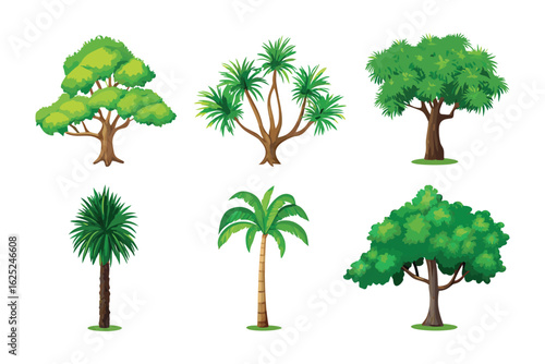 A Collection of Diverse Trees: A meticulously designed compilation of trees showcasing a variety of shapes, sizes, and lush foliage, ideal for illustrating botanical diversity and natural landscapes.