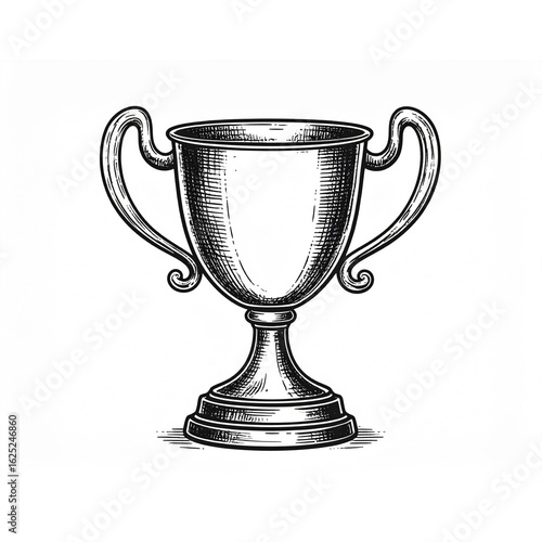 Black and white trophy cup sketch outline drawing with handles. Vector retro hand drawn illustration