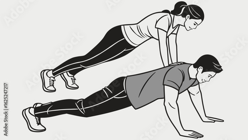Man and woman in four-limbed staff pose ready to perform push-up exercise illustrated in vector style with clear lines.